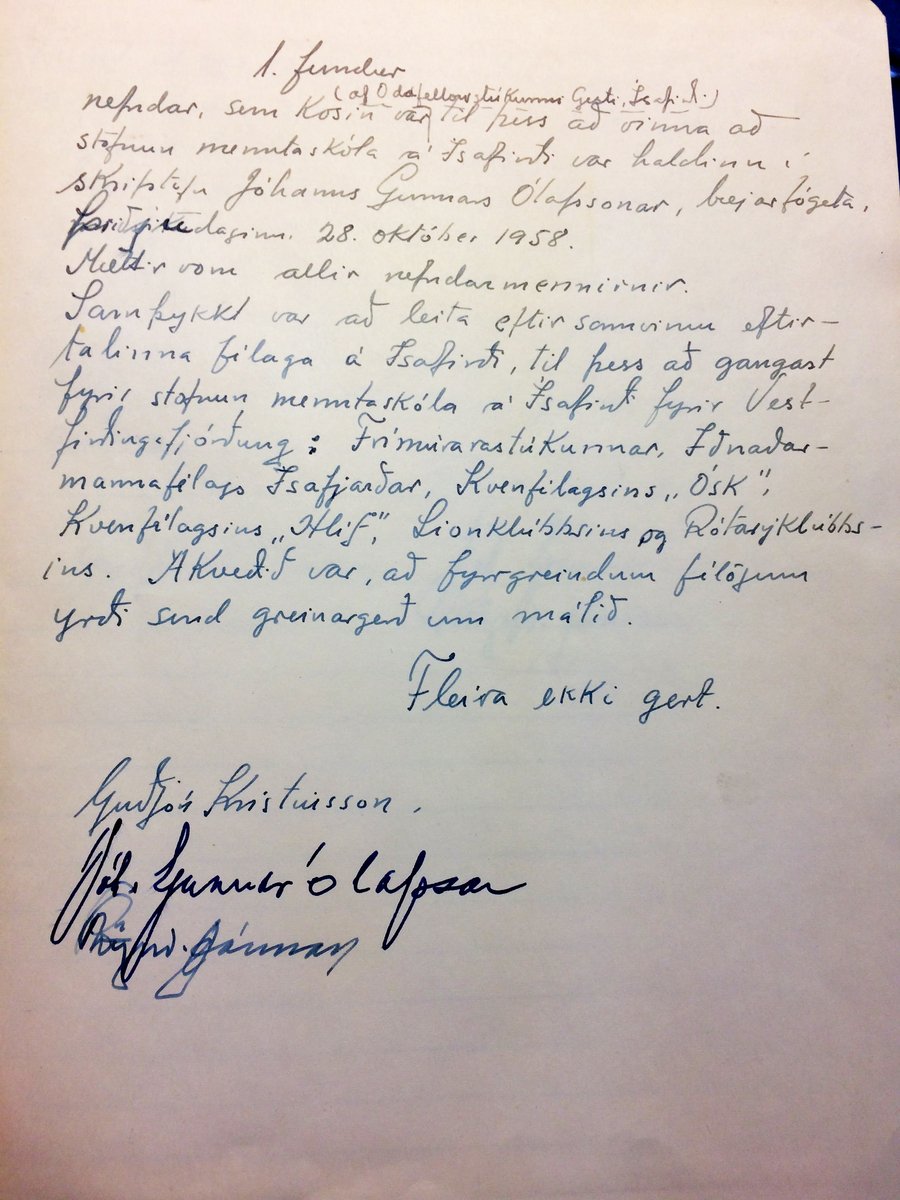 Fundargerð fyrsta fundar um stofnun menntaskóla á Ísafirði