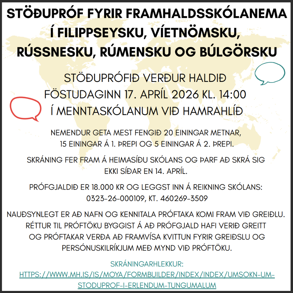 Stöðupróf í filippseysku, víetnömsku, rússnesku, rúmensku og búlgörsku